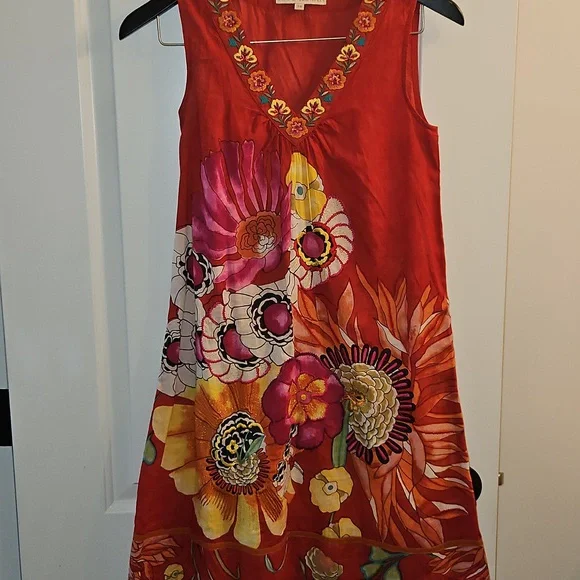 Ritu Kumar Red Floral Embroidered Cotton Dress, 4, XS, Boho, Beaded, Vacation - Picture 2 of 12